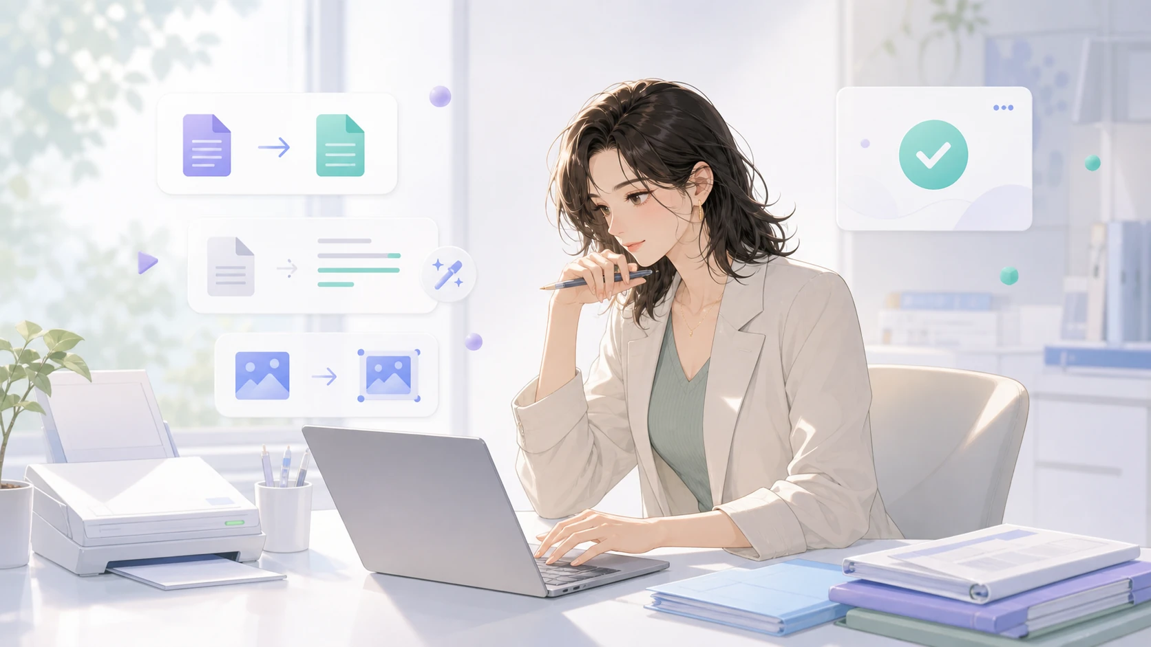 A calm OneLess workspace with small text, image, and file tasks organized around a laptop.