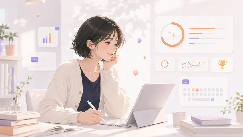 A light illustrated workspace with small checks and results.