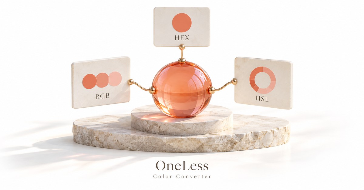 HEX, RGB and HSL cards connected by one coral glass sphere.