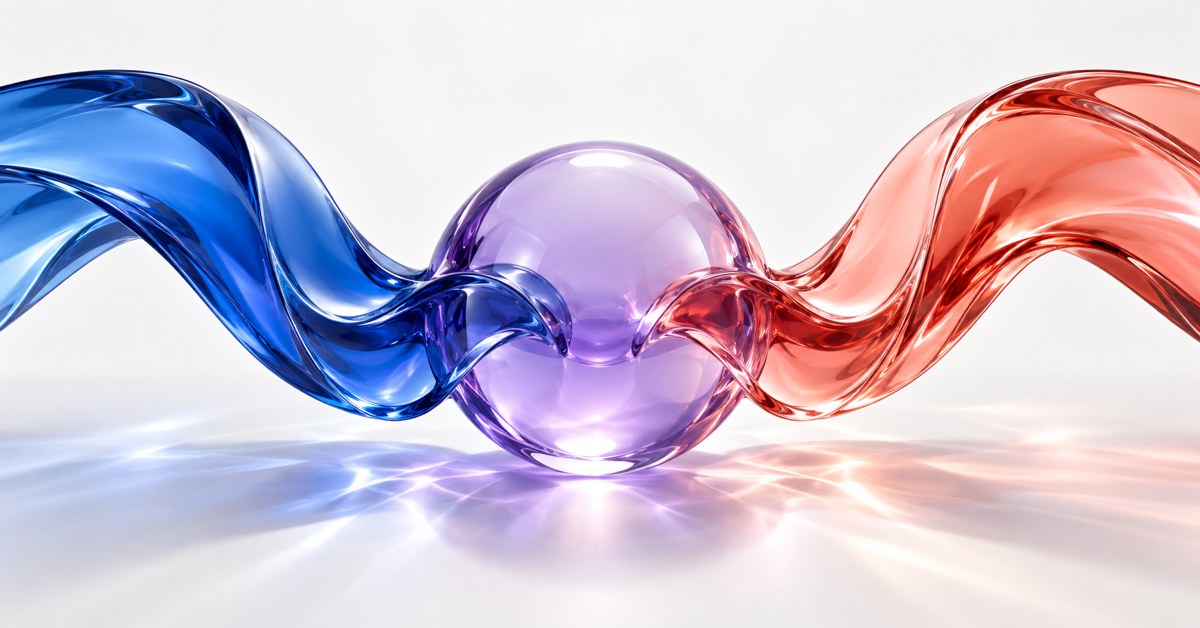 Blue and coral glass ribbons meeting in a violet sphere.