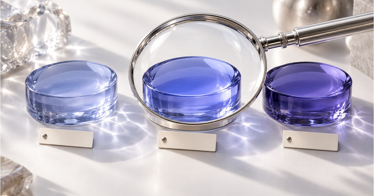 A silver magnifier comparing three violet glass color samples.