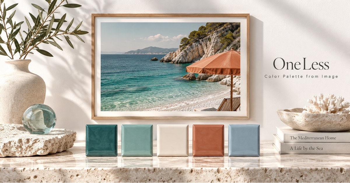 A coastal photograph paired with five glazed representative color tiles.
