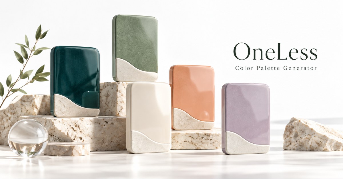 Five sculptural color swatches in teal, sage, ivory, peach and lilac.