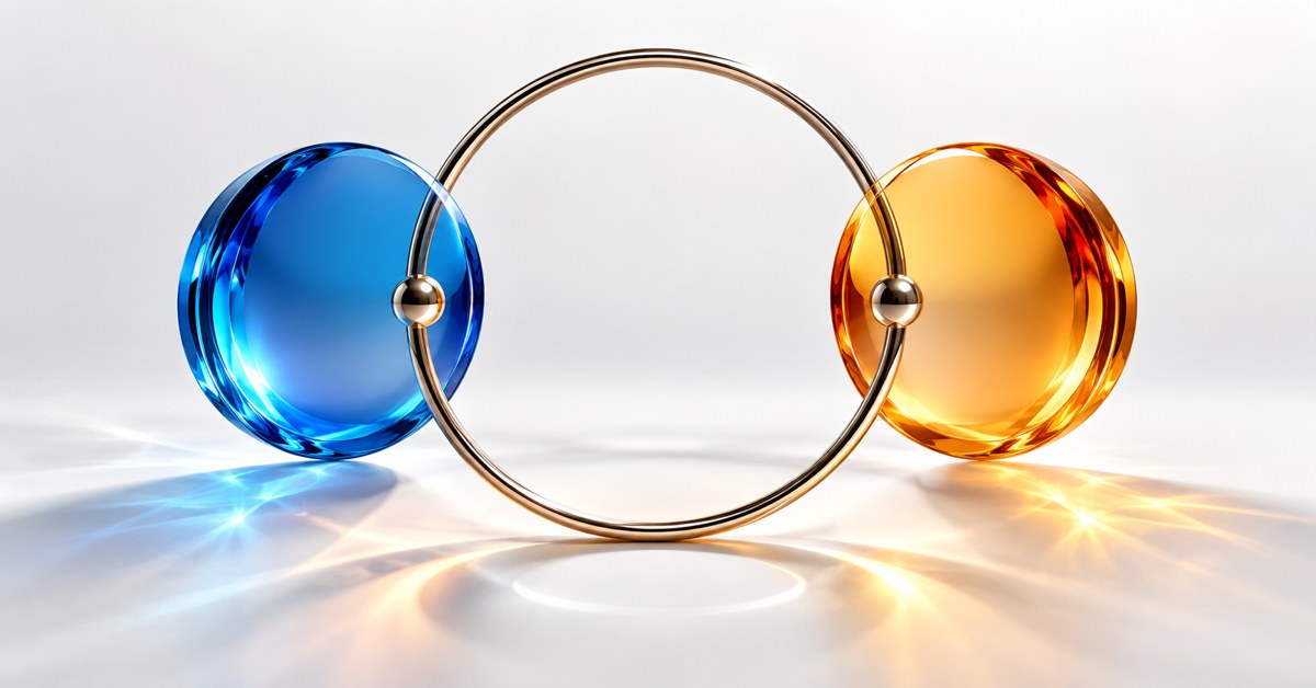 Blue and orange glass discs opposite each other on a ring.