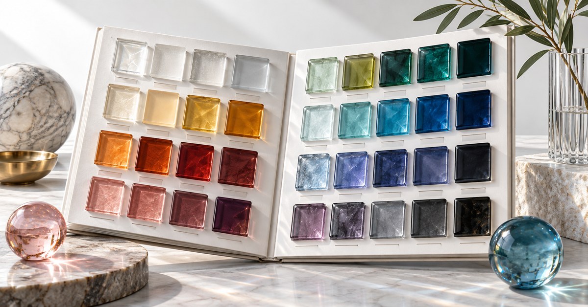 An open white folio displaying a dictionary of jewel-toned glass swatches.
