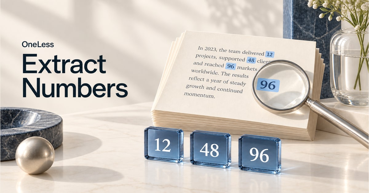Numbers selected from text and collected into separate tiles.
