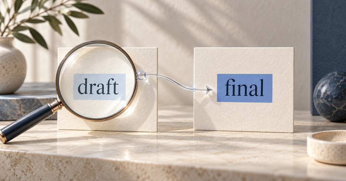 A magnifier over draft beside a revised card labeled final.