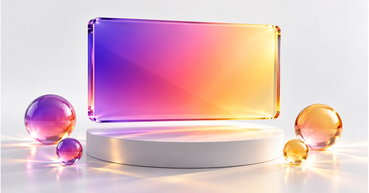 A luminous violet, coral and gold gradient on a glass canvas.