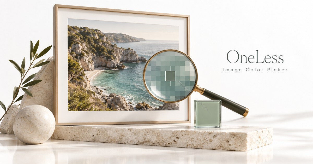 A coastal photograph with a pixel magnifier and sage color sample.