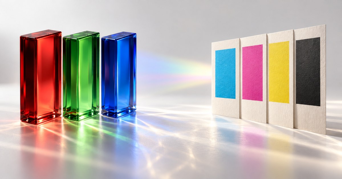 Red, green and blue glass bars facing four CMYK paper swatches.
